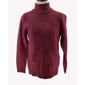 Ann Taylor Womens Burgundy Turtleneck Sweater Petite L Textured Checkered Knit